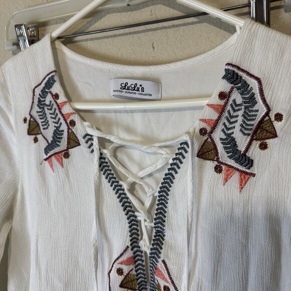 DRESS Lulus my bell-loved ivory embroidered Mini dress Tunic Lace Up Neckline S - Picture 4 of 10